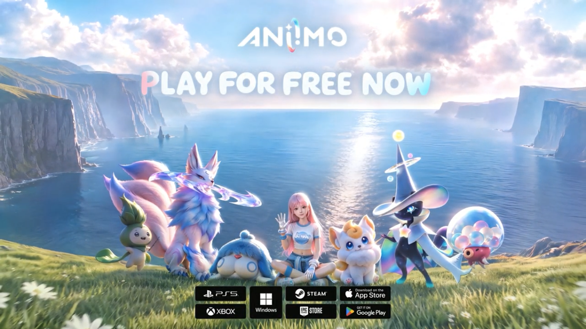 Aniimo 'Play for Free Now' banner by Pawprint Studio (established by FunPlus): a pink-haired girl sits with a group of colorful Aniimo creatures, including a nine-tailed fox and witch-hatted spirit, on a grassy cliff overlooking the sea. Platform icons for PS5, Xbox, Windows, Steam, Epic Store, App Store, and Google Play below.