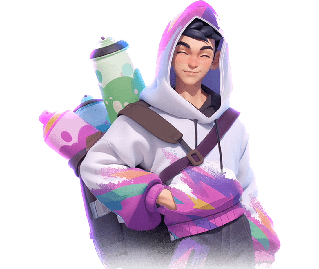 Tiles Survive hero Ghost: a smiling young man in a colorful graffiti-print hoodie, carrying spray paint cans on his back