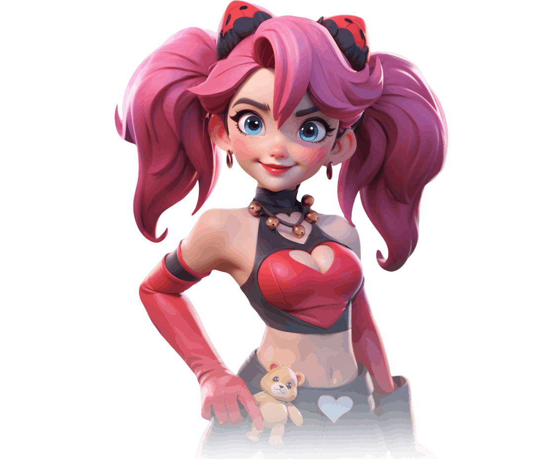 Tiles Survive hero Lucky: a stylized girl with pink pigtails and ladybug bow, wearing a red heart-shaped top and holding a teddy bear.