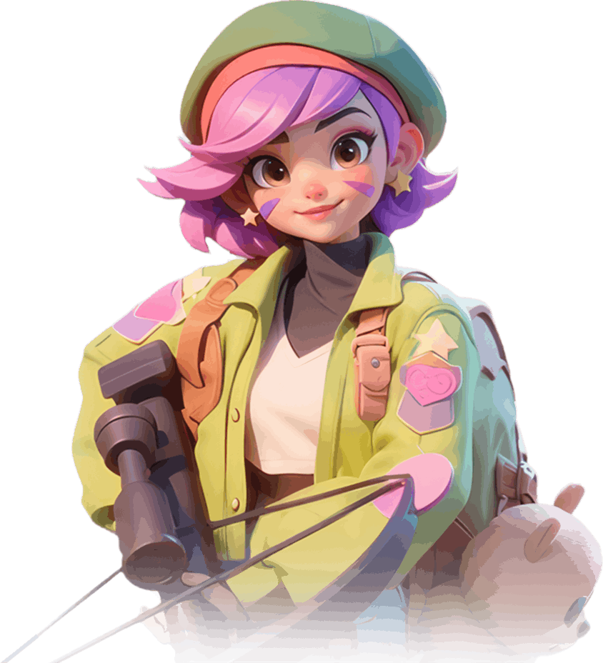Tiles Survive hero Maddie: a girl with pink and purple hair in a green beret and jacket, holding a slingshot with star-shaped face paint.