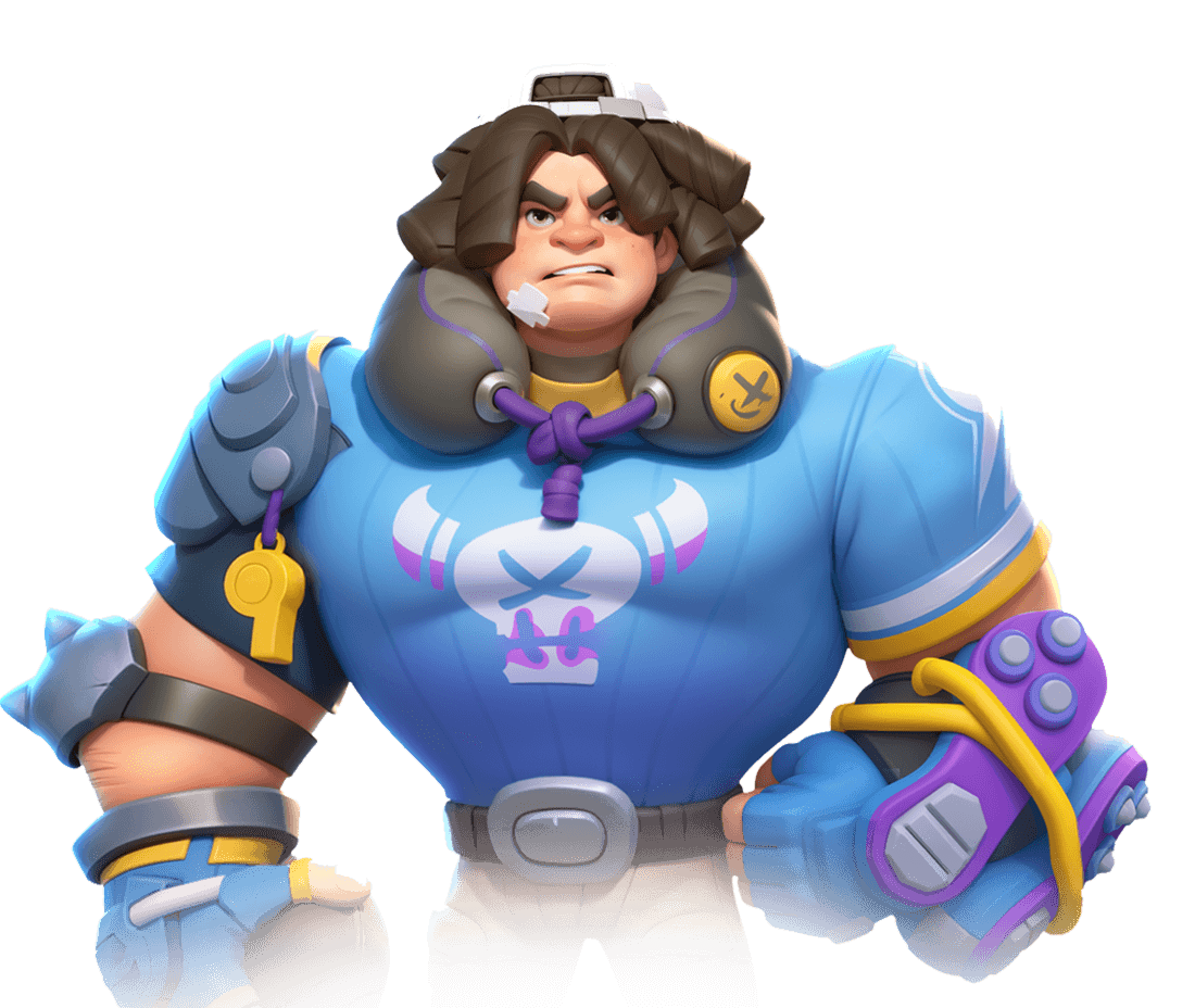 Tiles Survive hero Rusty: a hulking, muscular character in a blue football-style jersey with padded shoulder gear and spiked purple gloves.