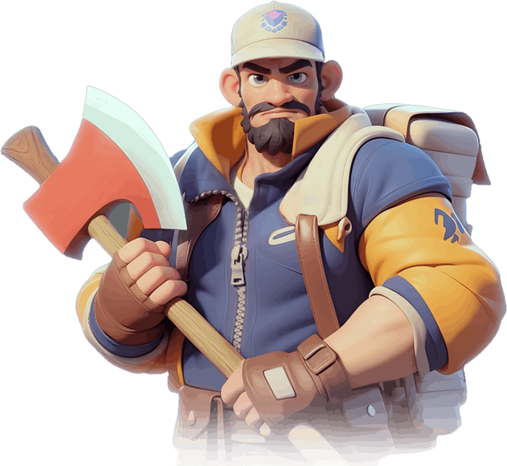 Tiles Survive hero Sarge: a rugged, bearded survivor in a blue and yellow jacket with a backpack, gripping a large red axe.