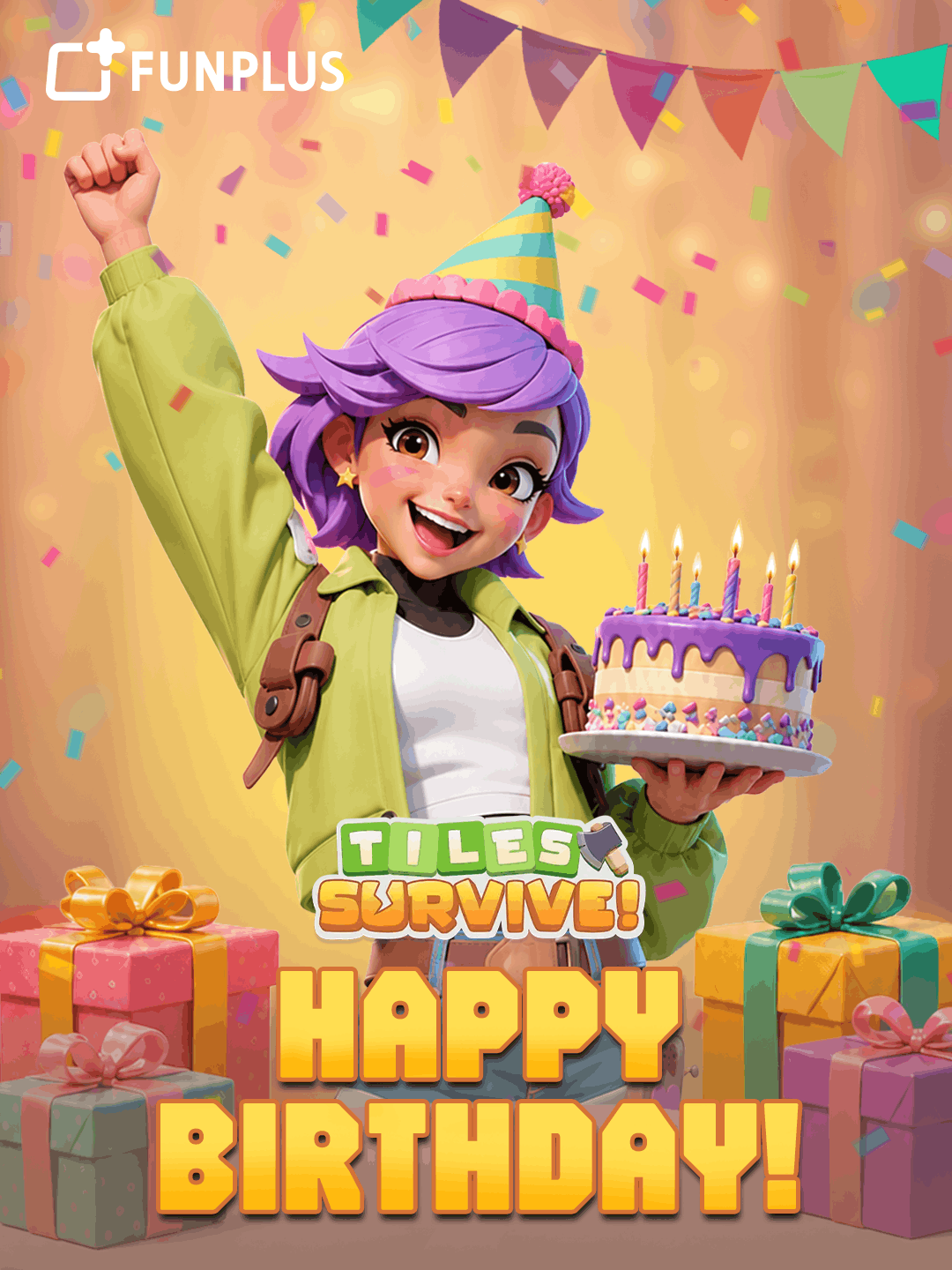 A celebratory banner for Tiles Survive! featuring Maddie, a cheerful 3D animated female character with short purple hair, wearing a party hat, a green jacket, and a white top. She is raising her fist in celebration while holding a purple birthday cake with lit candles. The background is warm and festive, filled with colorful confetti, balloons, and bunting flags. On the left side, the Tiles Survive! game logo is displayed above the text Happy Birthday! in bold yellow letters. The FunPlus logo appears in the bottom left corner