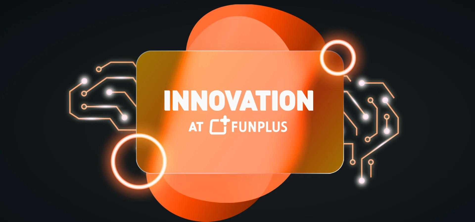 Innovation at FunPlus: framed by orange circuit-board graphics, glowing rings, and a brain-with-microchip icon labeled 'AI,' set against a dark background