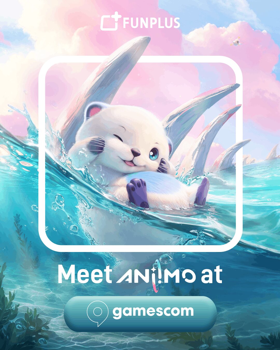 FunPlus Gamescom 2026 promo for the game Aniimo: Susuta, a fluffy white Aniimo creature with blue eyes and fin-like ears, floats on its back in sparkling water under a pink sky. Text: 'Meet Aniimo at gamescom.'