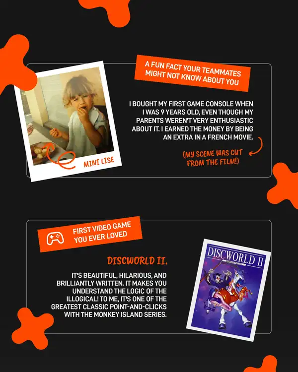 FunPlus 'Our People' spotlight on Lise Bautier, Head of Community and Social Media: a childhood photo with a fun fact about being a film extra, plus her favorite first video game, Discworld II, shown with its box art.