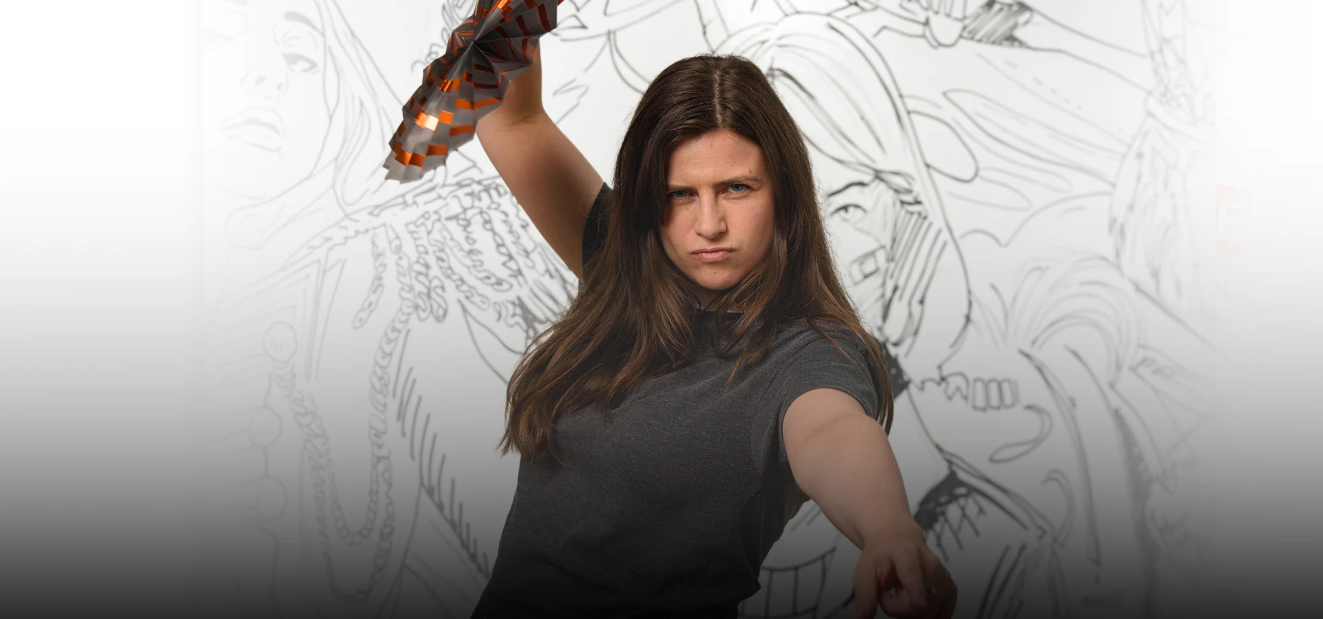 FunPlus 'Meet Lise' banner variant, without text overlay: a portrait of a woman posing with a folded orange-and-black fan raised overhead, against a black-and-white illustrated backdrop that fades to white on the left
