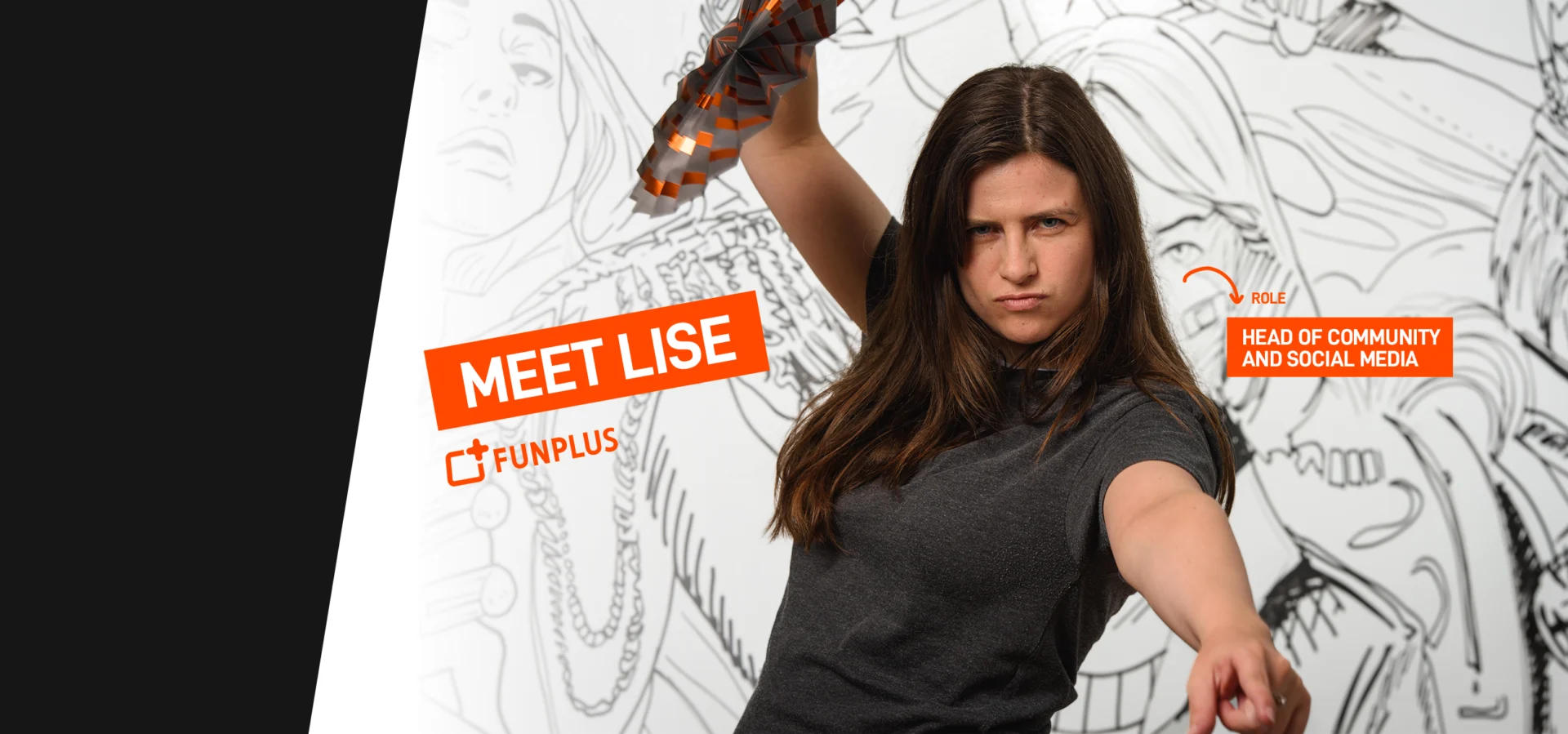 FunPlus 'Meet Lise' banner: a portrait of a woman posing with a fan against a black-and-white illustrated backdrop, labeled 'Head of Community and Social Media,' with the FunPlus logo and 'Meet Lise' text on the right