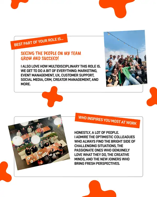 FunPlus 'Our People' spotlight on Lise Bautier, with orange splash graphics on white. Top section on the best part of her role, paired with a rooftop team photo; bottom section on who inspires her at work, paired with an overhead photo of colleagues at a dinner table