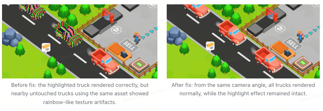 Before-and-after comparison from an isometric farming/trucking game: left image shows two trucks with glitchy rainbow texture artifacts near a highlighted red truck; right image shows the same scene with all trucks rendering normally after a rendering fix, with captions explaining the bug and fix