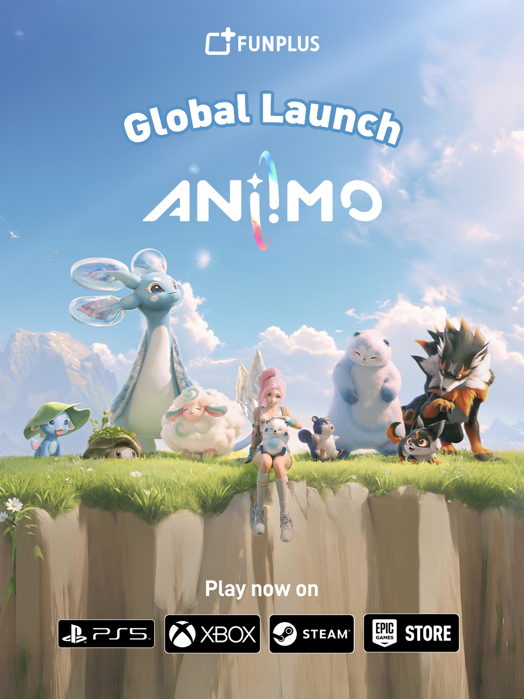 FunPlus Aniimo global launch poster: a pink-haired girl sits on a grassy cliff edge surrounded by a variety of colorful Aniimo creatures, with mountains and blue sky behind. Text reads 'Global Launch: Aniimo — Play now on PS5, Xbox, Steam, and Epic Store