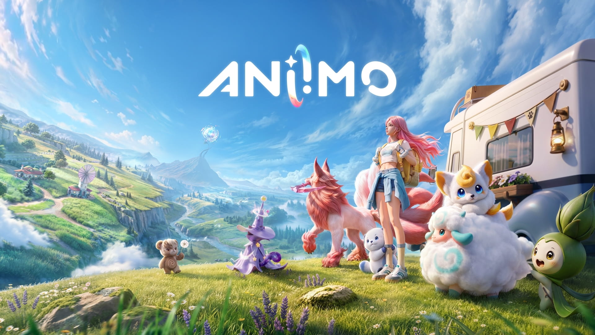 Aniimo global launch key art for PC, Console, Steam, and Epic Store: a pink-haired girl stands on a grassy hilltop beside a camper van, surrounded by a variety of fantastical Aniimo creatures including a nine-tailed fox, a witch-hatted spirit, and a fluffy fox-eared creature, with a sweeping green valley and mountains below and the Aniimo logo above