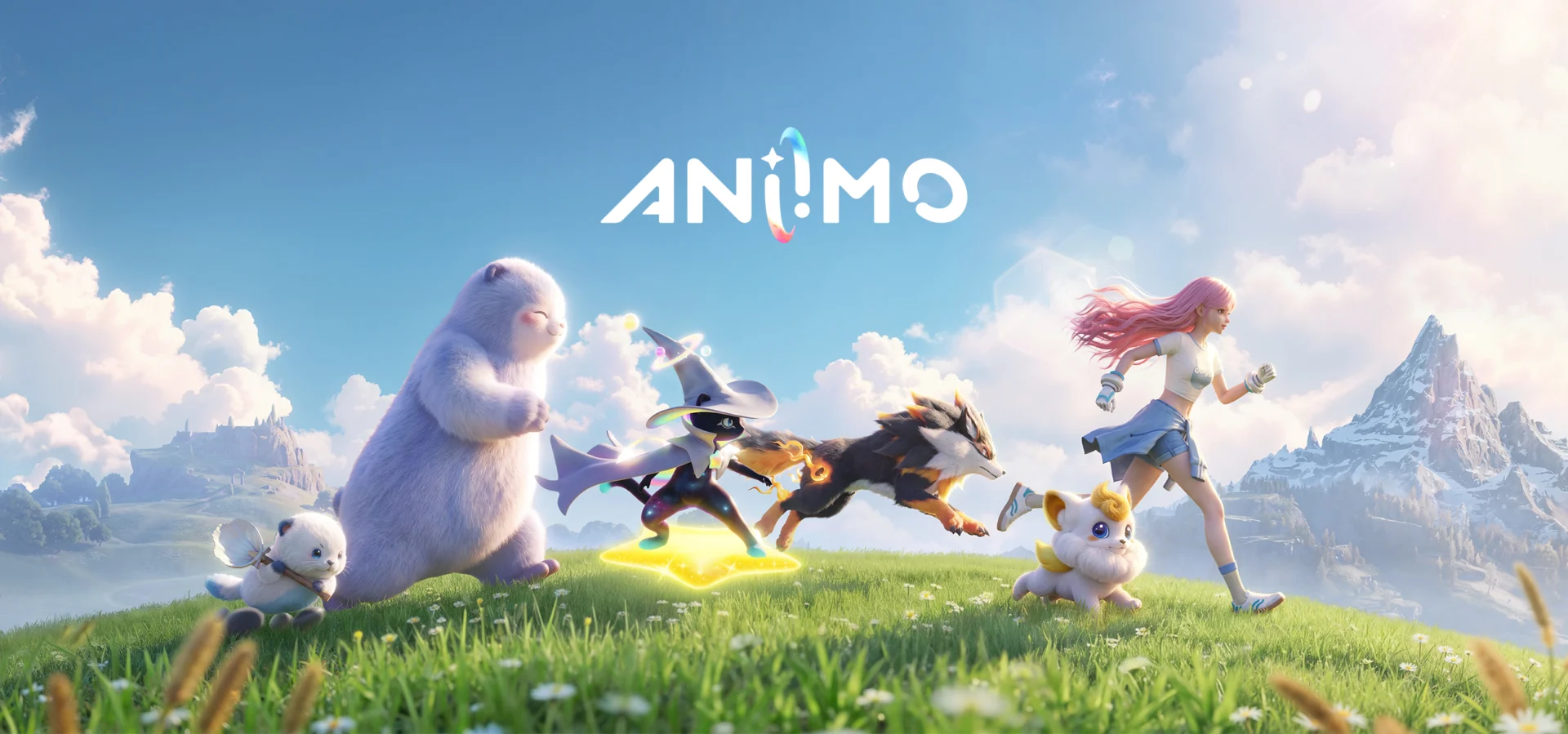 Aniimo global launch key art for PC, Console, Steam, and Epic Store: a pink-haired girl runs across a sunny grassy field alongside a group of colorful Aniimo creatures, including a fluffy white bear-like creature, a witch-hatted fox spirit, and a wolf, with snowy mountains in the background and the Aniimo logo above