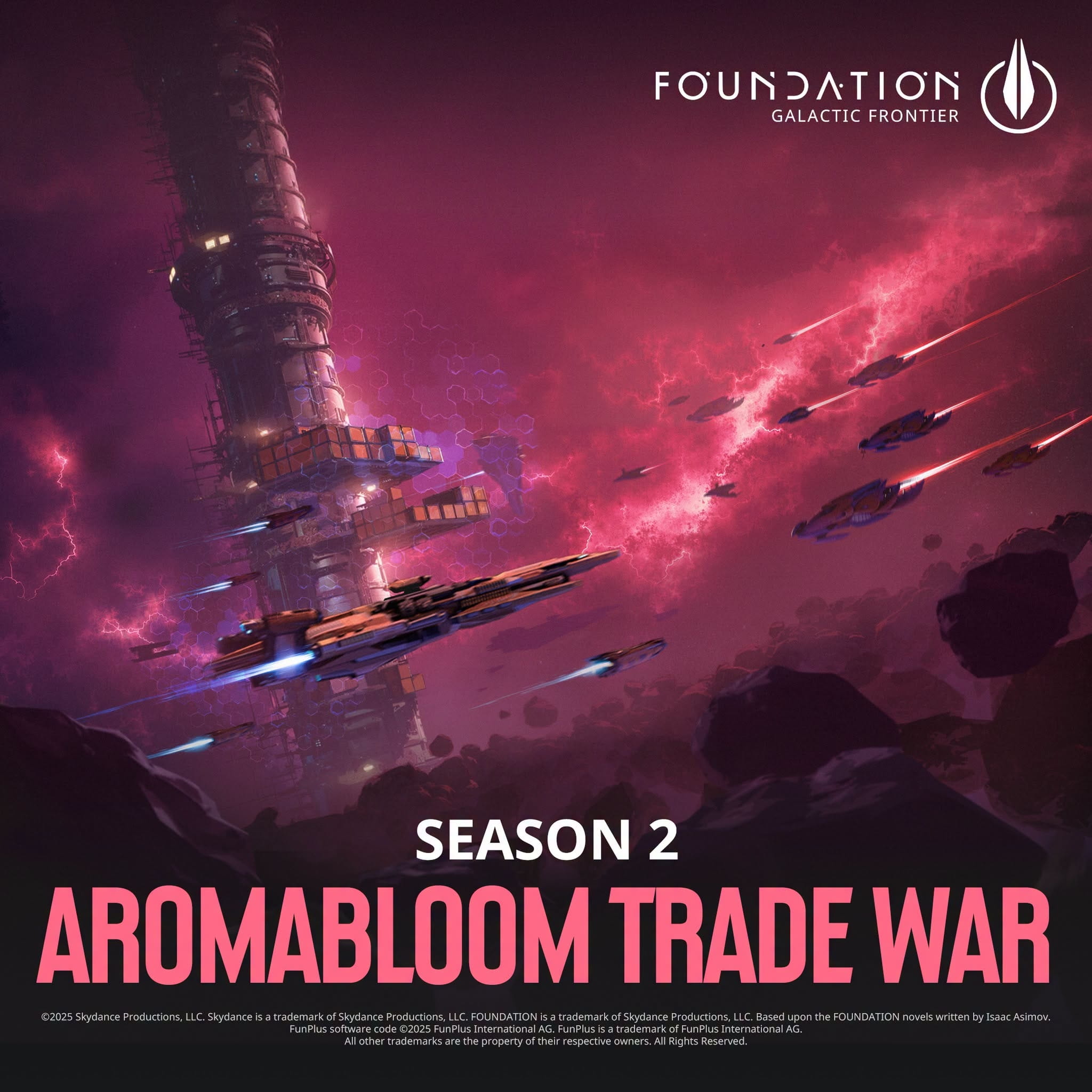 Foundation: Galactic Frontier Season 2 key art: spaceships fly past a towering space station amid pink nebula clouds and lightning. Text reads 'Season 2: Aromabloom Trade War,' with the Foundation logo top right