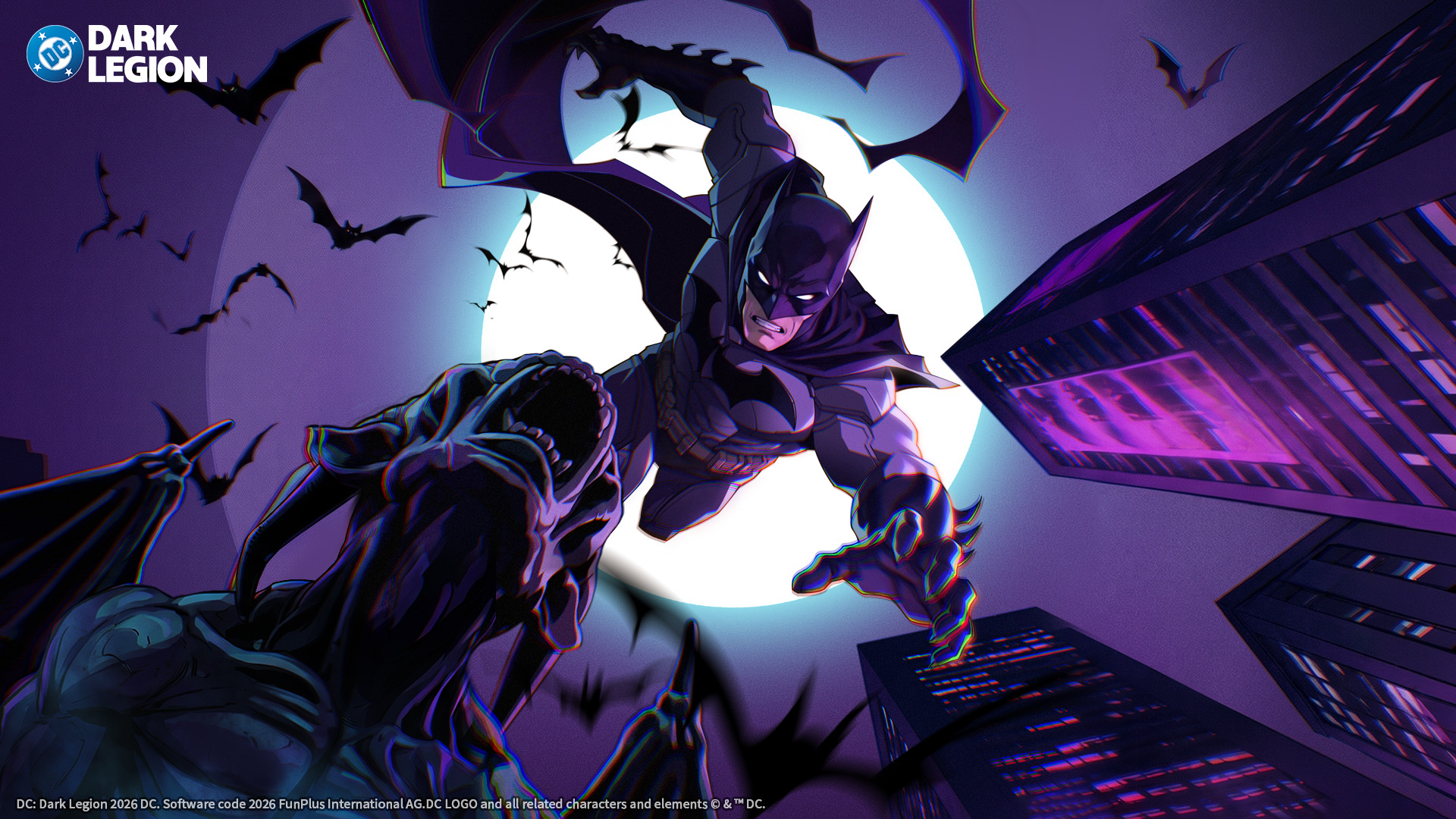 DC: Dark Legion promotional art: an armored hero leaps between rooftops toward a shadowy gargoyle-like creature, silhouetted against a giant full moon with bats flying around, in a stylized purple night scene. DC Dark Legion logo top left.