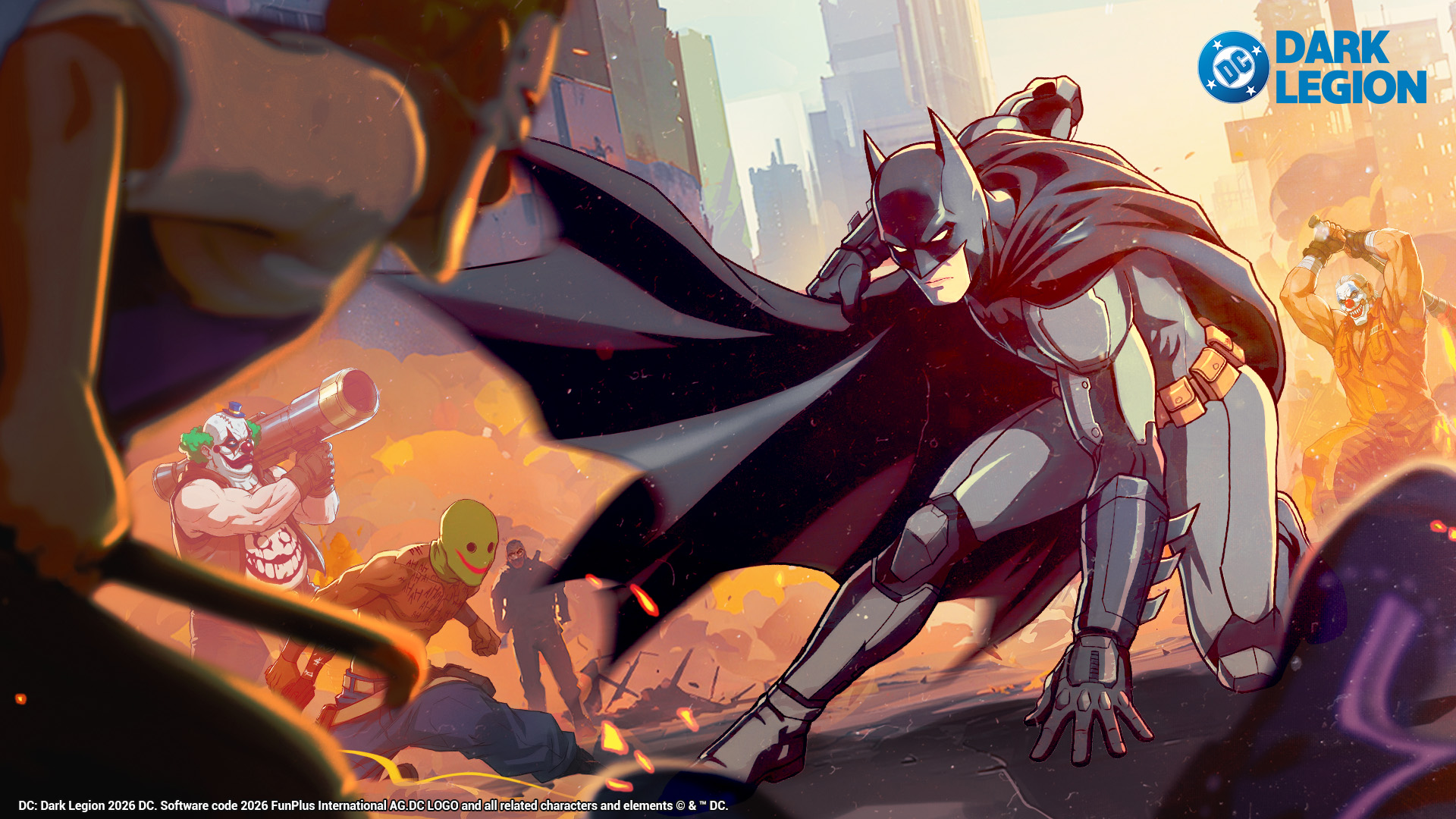 DC: Dark Legion promotional art: an armored hero in a black cape faces off against a group of masked, clown-like villains amid a burning cityscape. DC Dark Legion logo top right