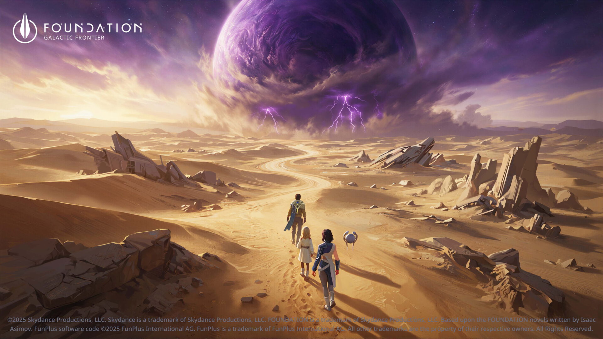 Foundation: Galactic Frontier key art: three characters and a small floating robot walk across a vast desert with wrecked structures, beneath a massive swirling purple planet and lightning-streaked sky. Foundation logo top left