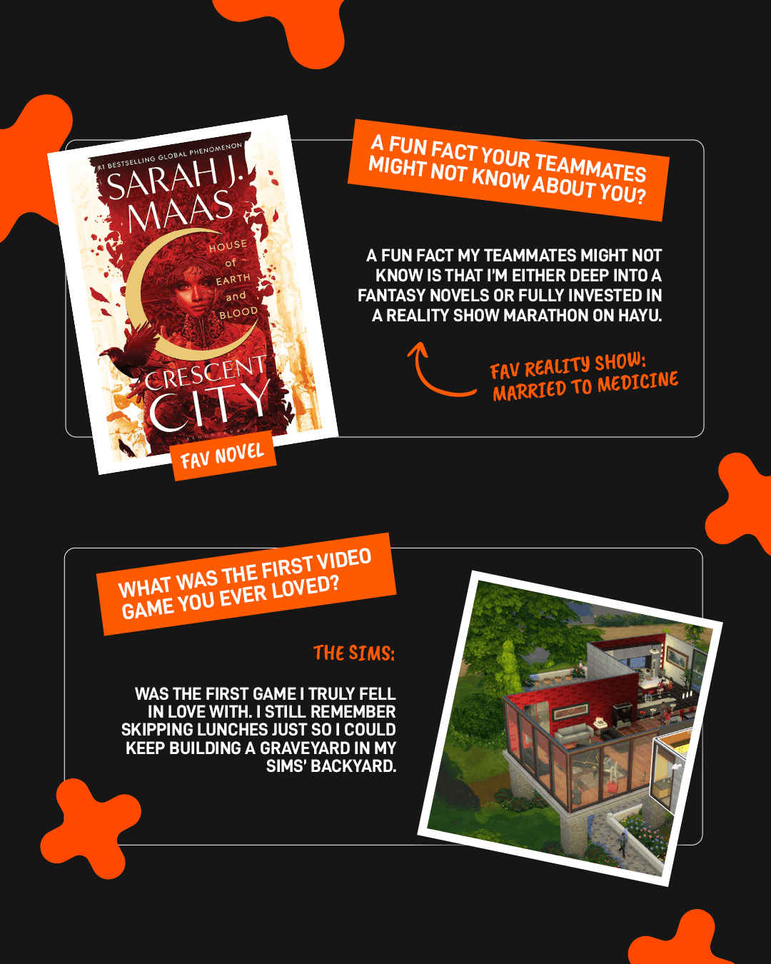 FunPlus 'Our People' spotlight on Dimitris: a fun fact about splitting time between fantasy novels and reality TV, paired with his favorite novel's cover (Crescent City), and his first loved video game, The Sims, paired with a screenshot.