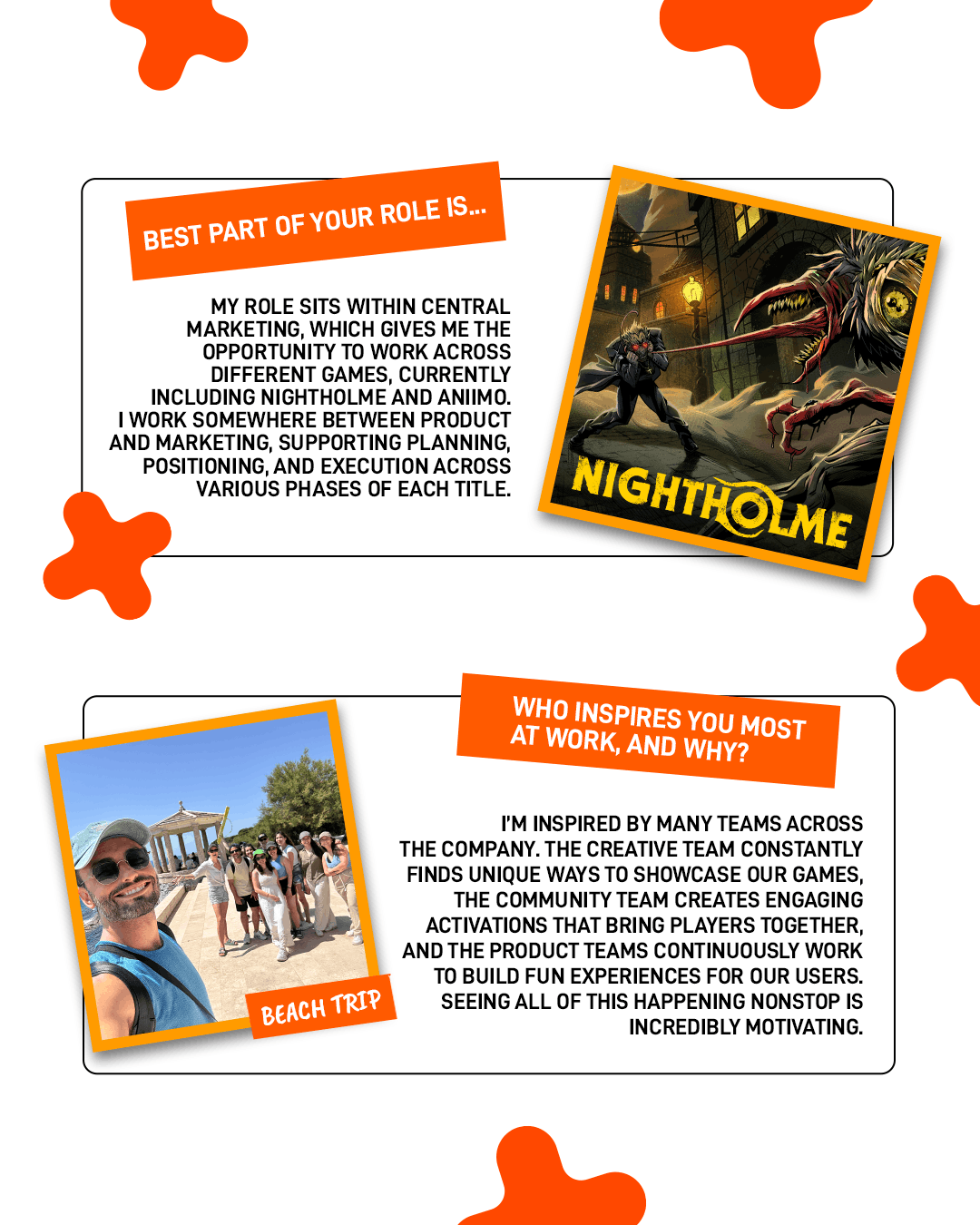 FunPlus 'Our People' spotlight on Dimitris: the best part of his role working across titles like Nightholme and Aniimo, paired with Nightholme cover art, and who inspires him at work, paired with a group beach trip photo