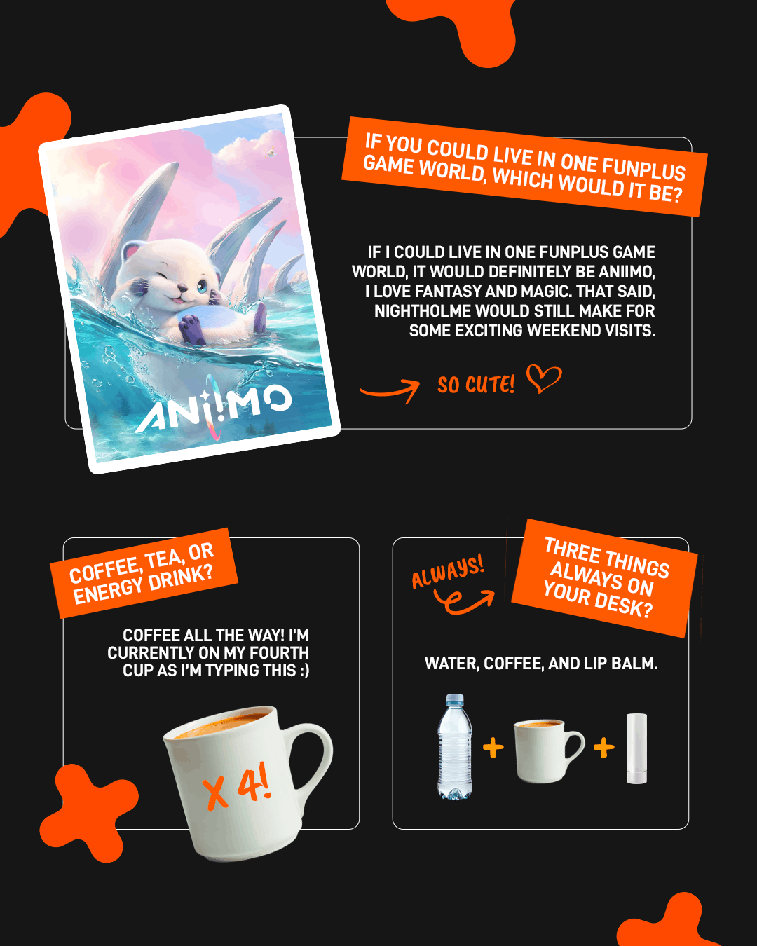 FunPlus 'Our People' spotlight on Dimitris: he'd live in Aniimo's world, shown with Aniimo cover art, plus his drink pick (coffee, four cups) and three desk items (water, coffee, lip balm)