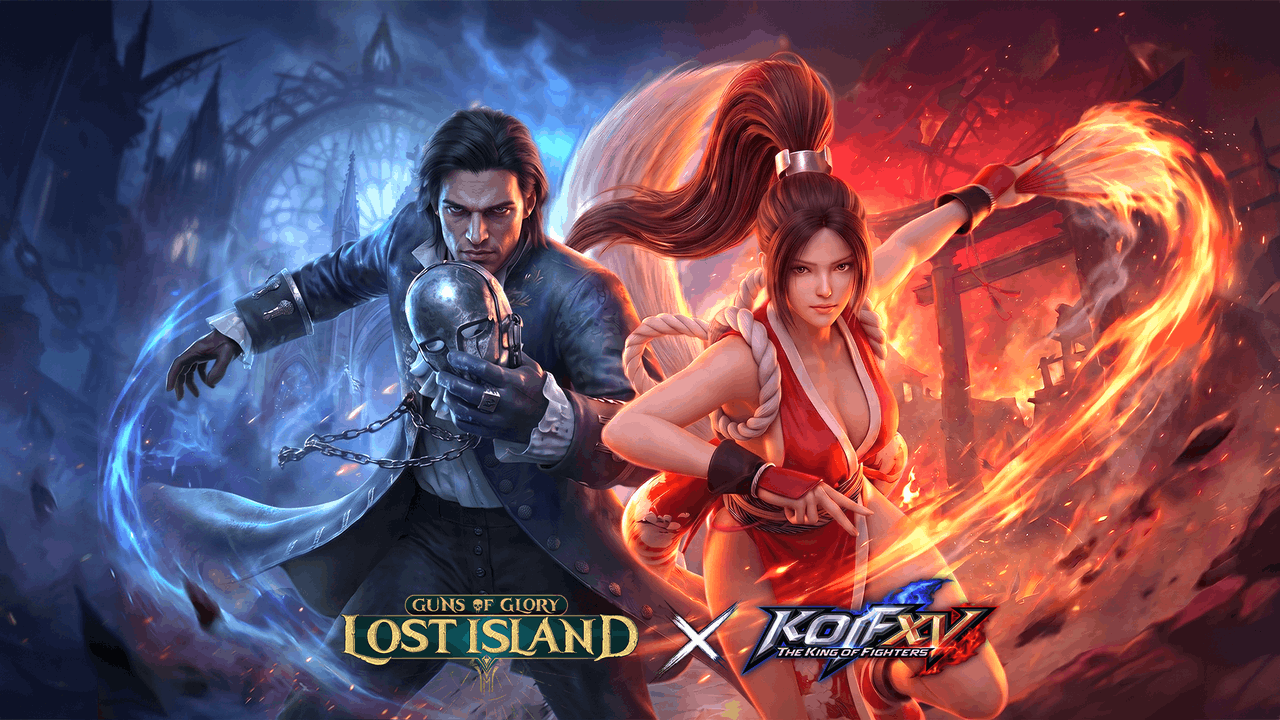 Guns of Glory: Lost Island x King of Fighters XV crossover art: a dark, cloaked figure holding a metallic skull mask on the left, split-screen with a fighter surrounded by swirling fire on the right, against a gothic clocktower and burning shrine backdrop. Both franchise logos below.