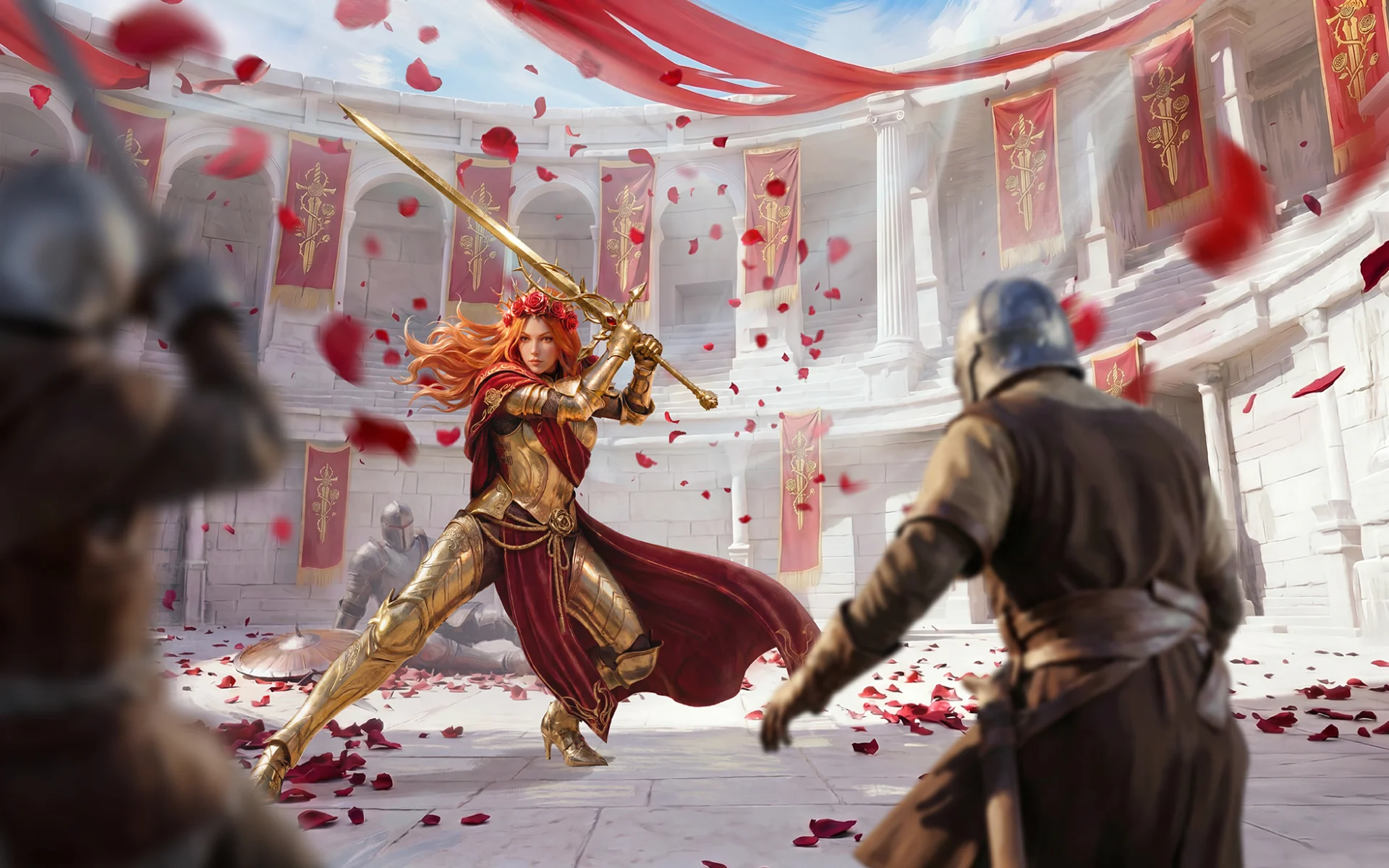 King of Avalon 10th Anniversary artwork: an armored female knight with a rose crown and flowing red hair stands in a fighting stance with a raised golden sword, facing two soldiers in a grand marble arena hung with red banners and rose petals swirling through the air.