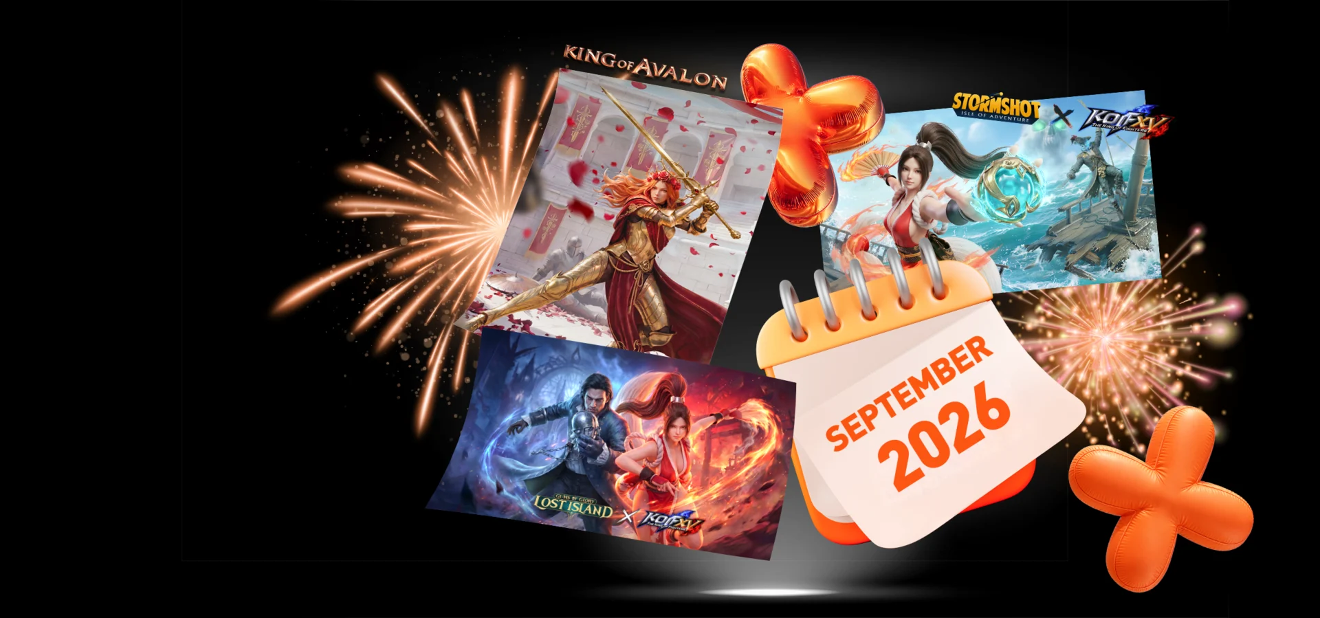 FunPlus September 2026 anniversary celebrations collage (alternate crop): King of Avalon 10th anniversary artwork, Stormshot x King of Fighters XV crossover art, and Guns of Glory: Lost Island x King of Fighters XV crossover art, arranged with fireworks, orange balloons, and a calendar reading 'September 2026' against a black background