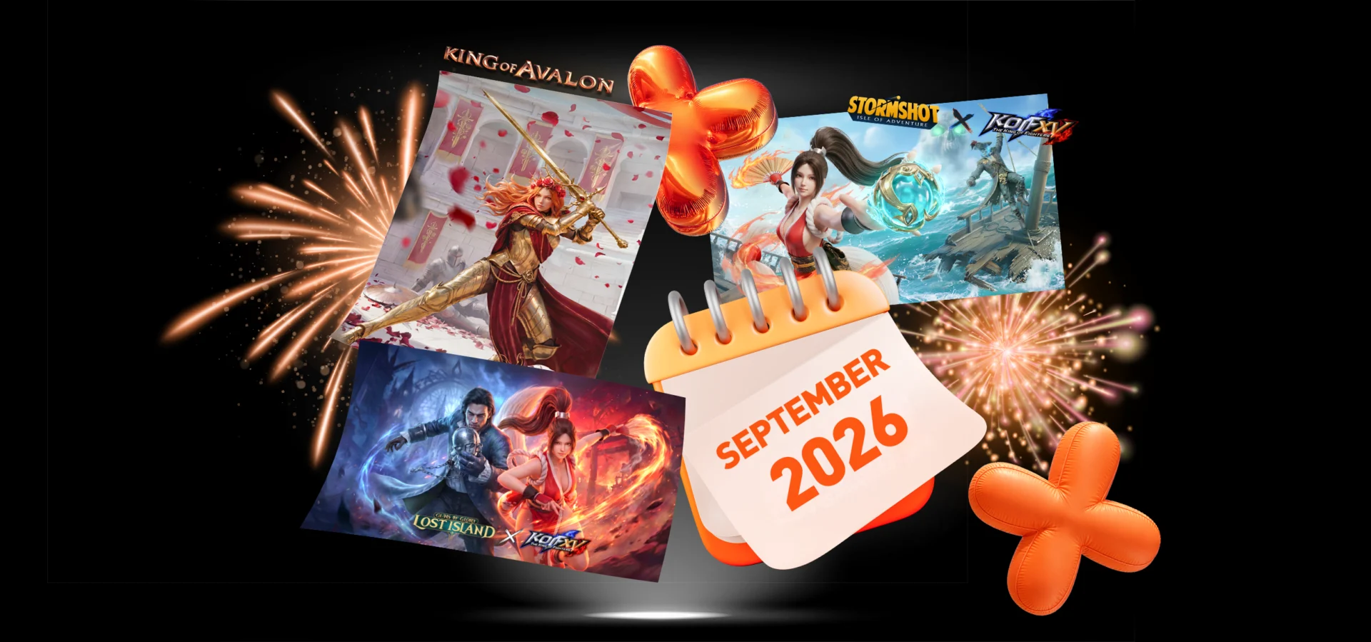 FunPlus September 2026 anniversary celebrations collage: King of Avalon 10th anniversary artwork, Stormshot x King of Fighters XV crossover art, and Guns of Glory: Lost Island x King of Fighters XV crossover art, arranged with fireworks, orange balloons, and a calendar reading 'September 2026' against a black background.
