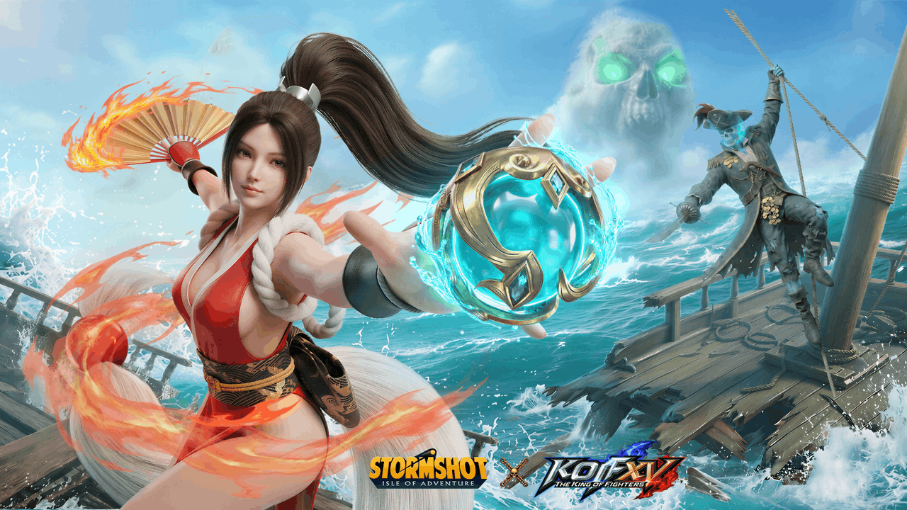 Stormshot x King of Fighters XV crossover art: a fighter wielding a flaming fan and glowing energy orb stands on a stormy sea, with a ghostly glowing skull and a ghost pirate on a ship in the background. Stormshot: Isle of Adventure and KOF XV logos below.