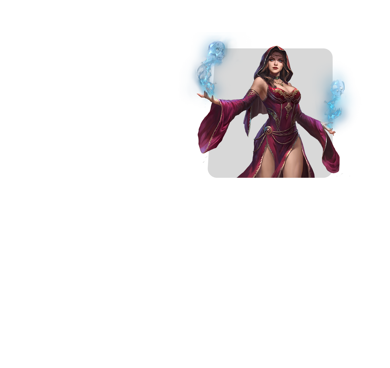 Welcome to FunPlus, It Starts With You icon: a sorceress in a red hooded gown summoning glowing blue skull-shaped magic