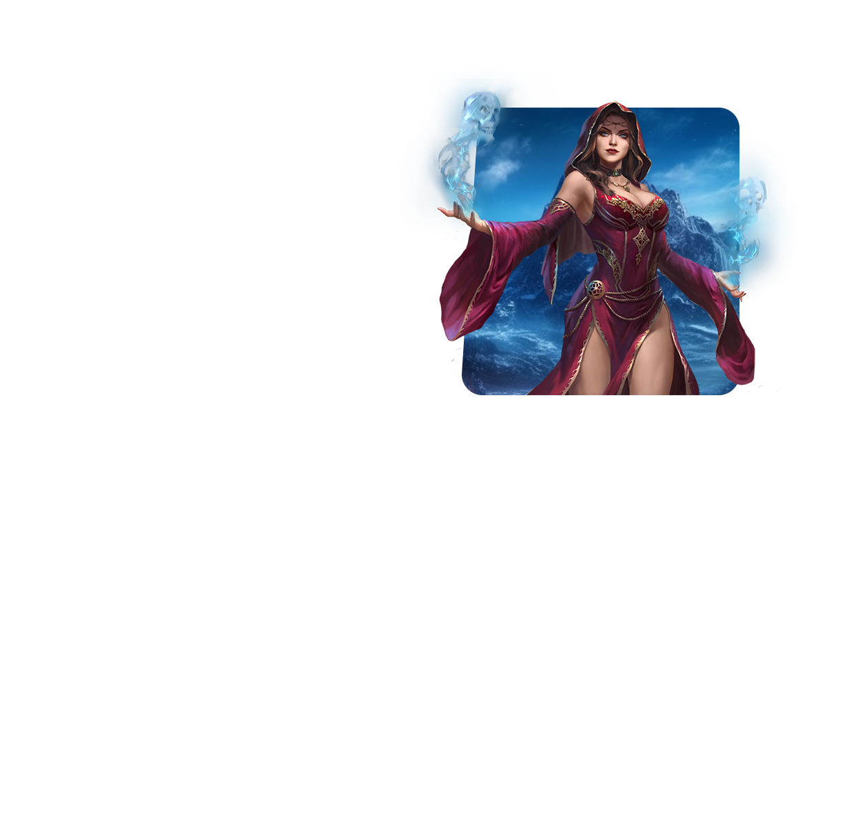 Welcome to FunPlus, It Starts With You icon: a sorceress in a red hooded gown summoning glowing blue skull-shaped magic
