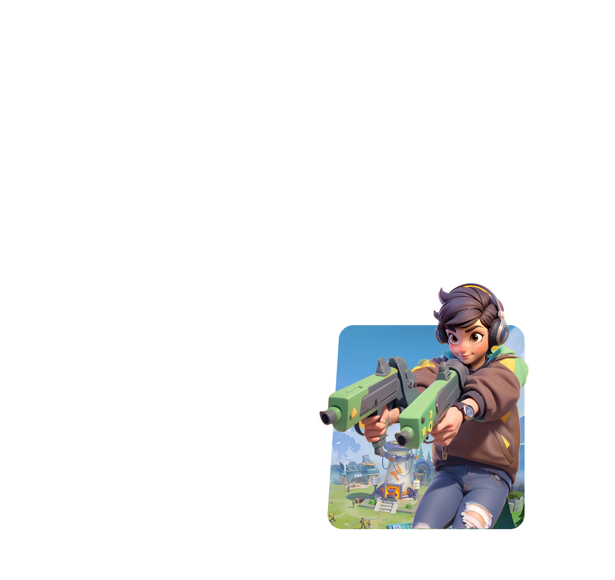 Welcome to FunPlus, It Starts With You — Tiles Survive icon: a young woman with headphones aiming two green submachine guns.