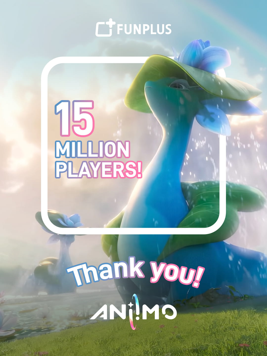 FunPlus Aniimo ‘15 Million Players Worldwide’ thank-you graphic: a large blue and green long-necked Aniimo creature with lily pad-like features stands by a misty waterfall in a sunny, rainbow-lit grassy landscape. Text reads ‘15 million players! Thank you!’ with the Aniimo logo below