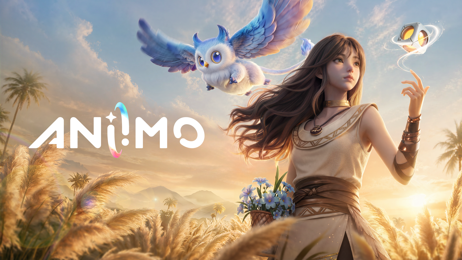 Aniimo Season 1 Part 2 ‘Departure with the Wind’ key art: a brown-haired girl in flowing robes stands in a golden grass field at sunset, gazing up at a large fluffy owl-like Aniimo creature flying beside her, with a small floating robotic companion nearby and palm trees and mountains in the background. Aniimo logo on the left