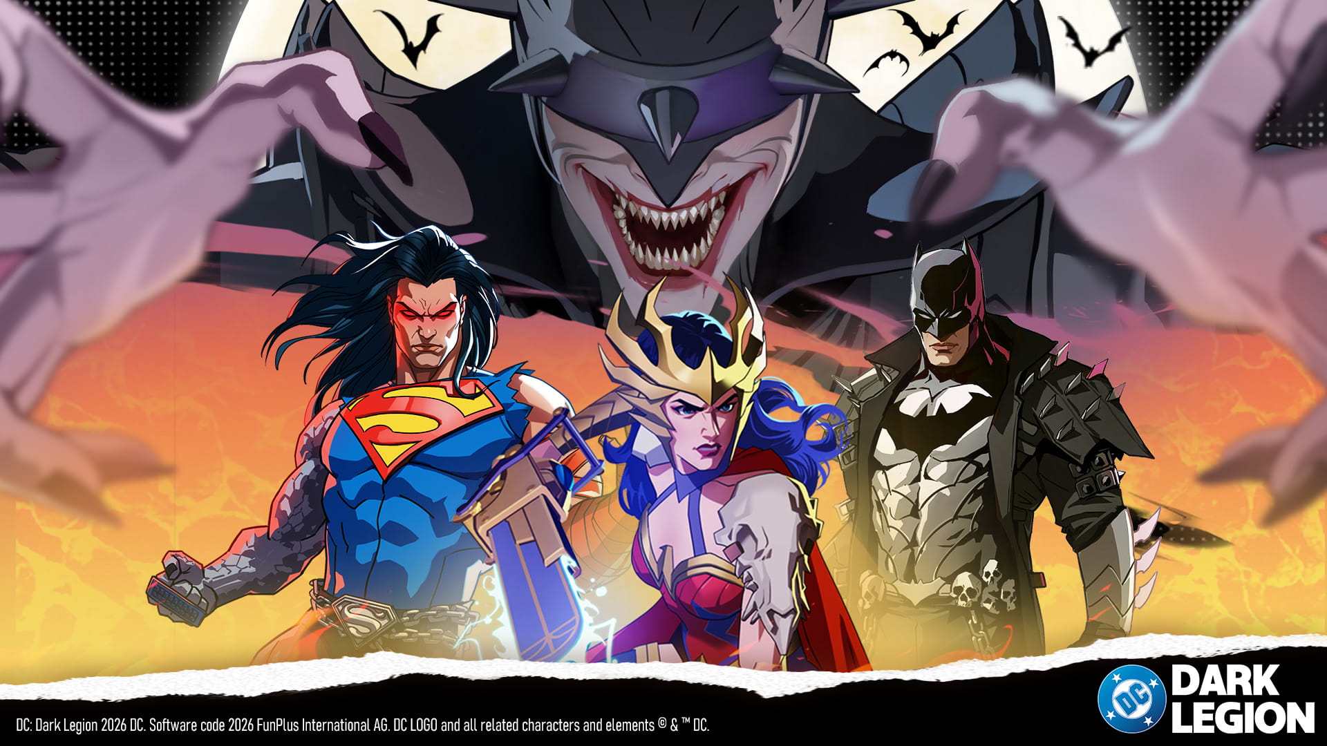 DC: Dark Legion Halloween event art, ‘Save Superman: Death Metal’: three dark, battle-worn versions of DC heroes stand together under a full moon, with a menacing bat-like creature looming behind them and clawed hands reaching from the sides. DC Dark Legion logo bottom right