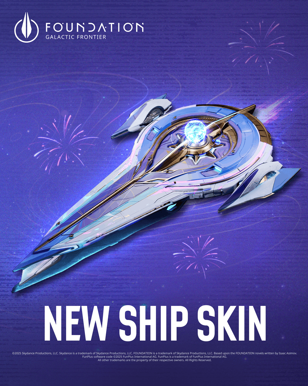 Foundation: Galactic Frontier first anniversary event art: a sleek silver-and-gold spaceship with a glowing blue core, set against a purple starry background with fireworks. Text reads ‘New ship skin.