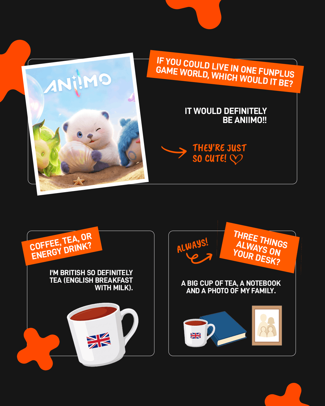 Aniimo key art, alongside a tea mug with a UK flag, and a mug, notebook, and framed family photo representing her desk essentials