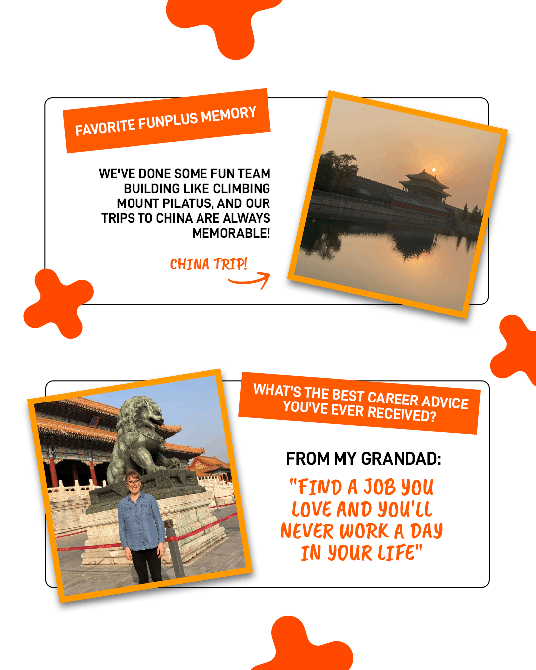 a sunrise photo over a traditional building and reflecting pool in China, labeled "China trip!", alongside a photo of Eleanor standing in front of a stone lion statue at the Forbidden City